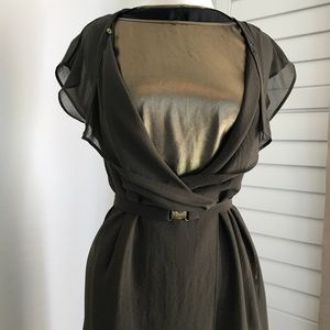 Olive green/metallic gold belted 2 layer dress